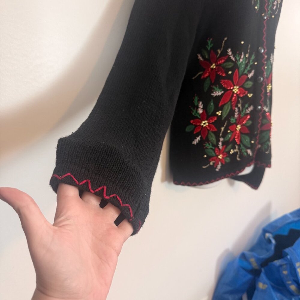 Vintage 90's Christmas Cardigan | Poinsettia Sequin Sweater | Beaded | S/M - Picture 6 of 10
